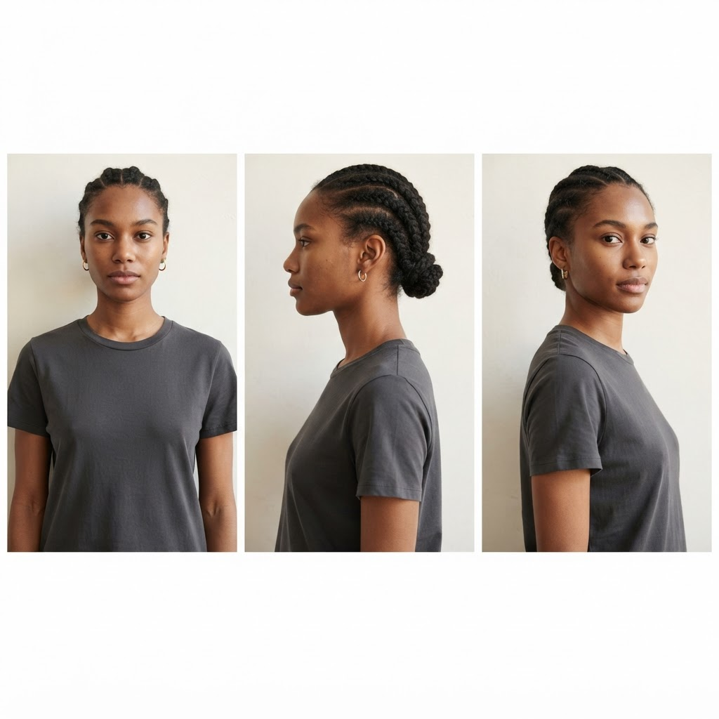 Model pose references showing front, profile, and three-quarter views